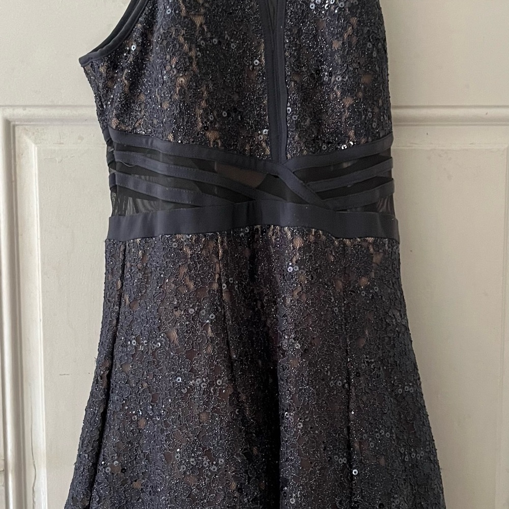 Morgan & Co. Fit & Flare Lace Dress Charcoal Nude Sequin Size 13 Halter